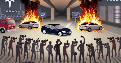 a single Tesla car in the foreground with a crowd-of media