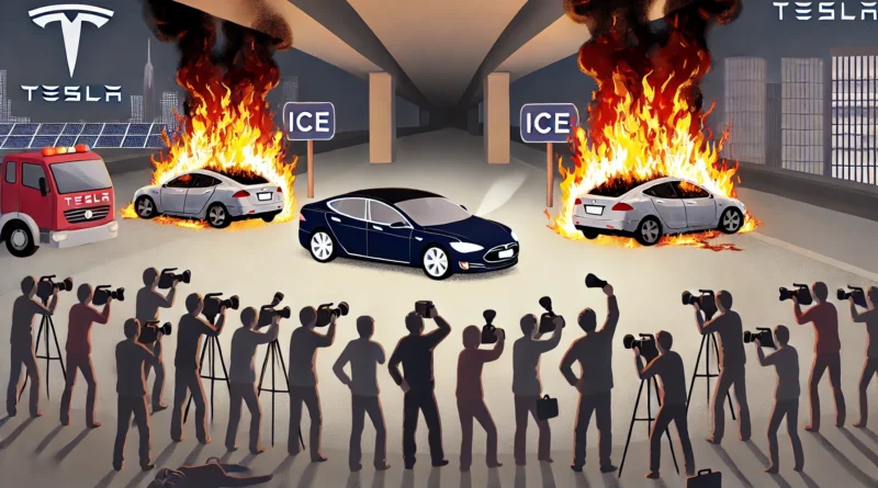 a single Tesla car in the foreground with a crowd-of media